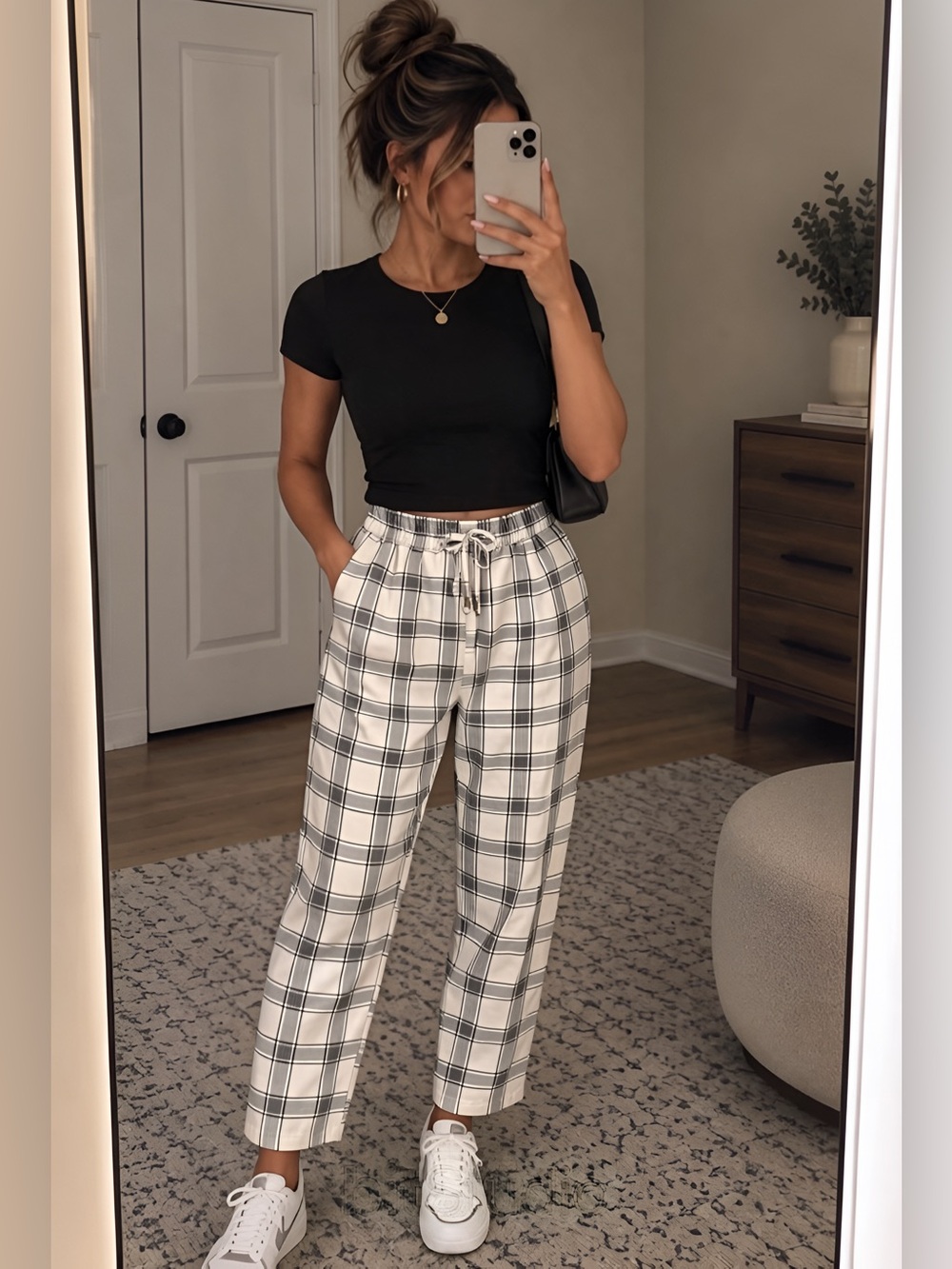 PRETTY IN PLAID High-Waisted Decorative Drawstring Jogger Pants XS/S